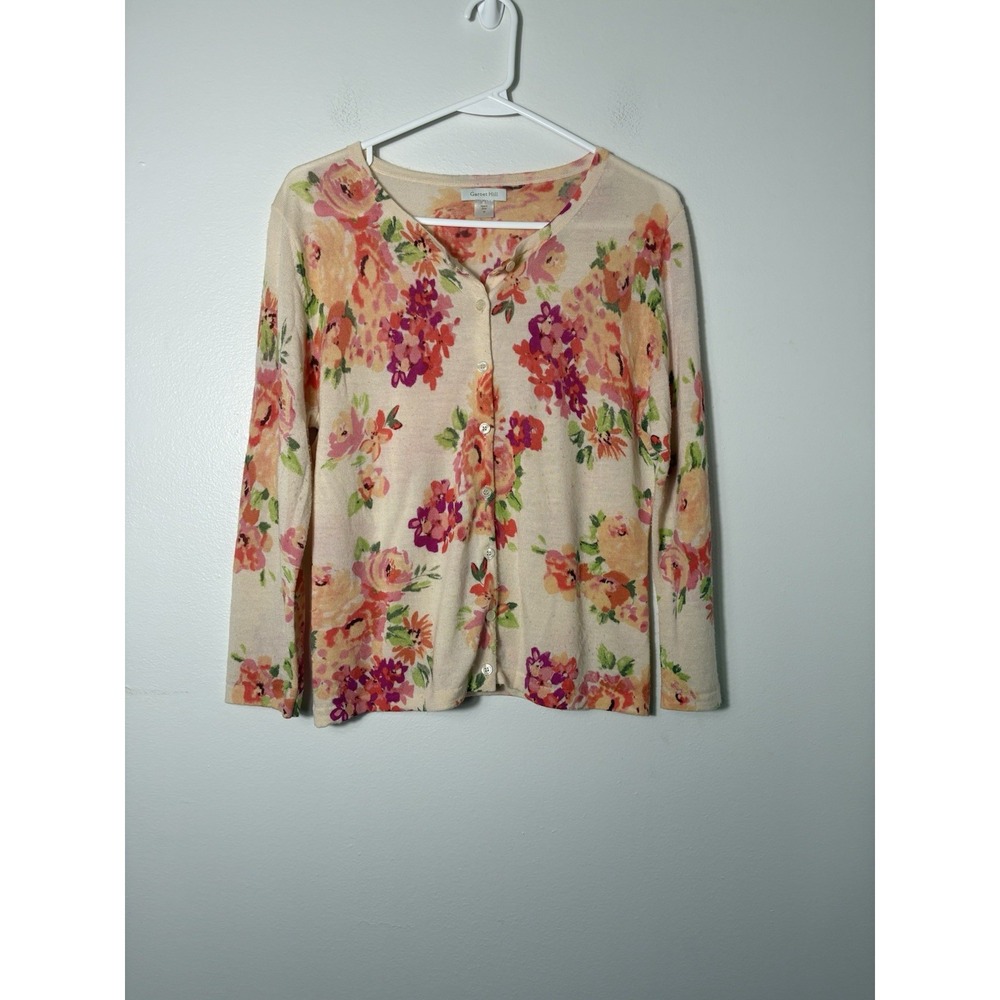 Garnet Hill Button Up Cardigan 100% Merino Wool Preppy Floral Cottage Sz M